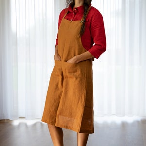 Natural Linen Soft Apron, Unisex Basic Apron, Full Apron for Women, Japanese style Linen Apron, No Ties Linen Apron with Pockets image 5