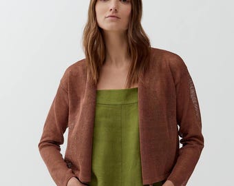 Mocha mousse short mesh cardigan, Crochet women clothing, Crop top open front cardigan, Knit see through linen cardigan, Bride light shrugs