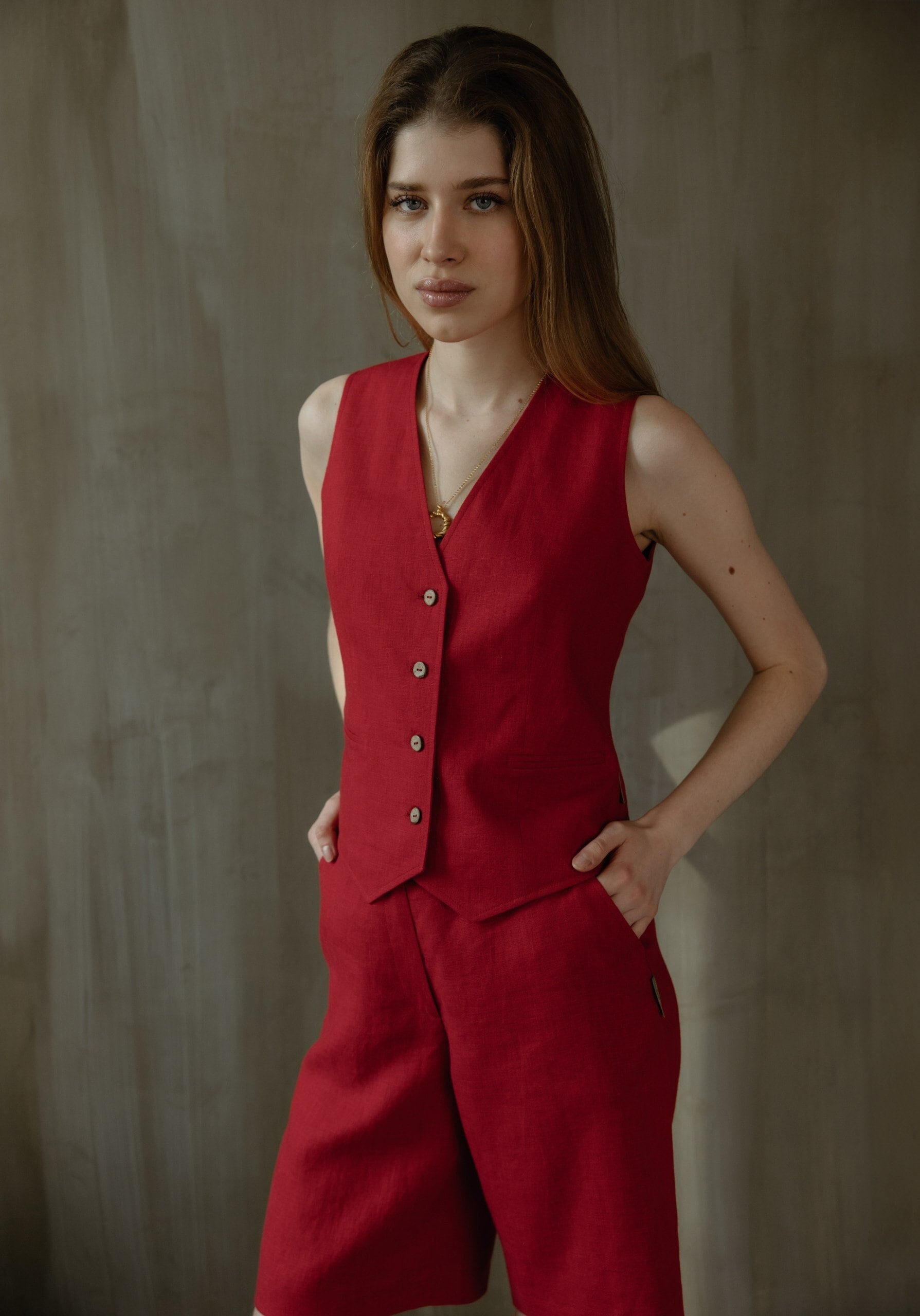 Pure Linen Elegant Red Waistcoat, Short Buttoned Sleeveless Pure Linen Elegant Red Waistcoat, Short Buttoned Sleeveless