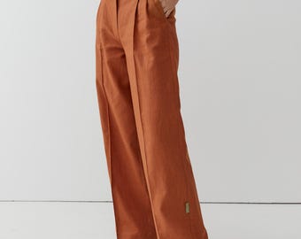 Pleated Wide-Leg Linen Trousers: Full Length Office Pants