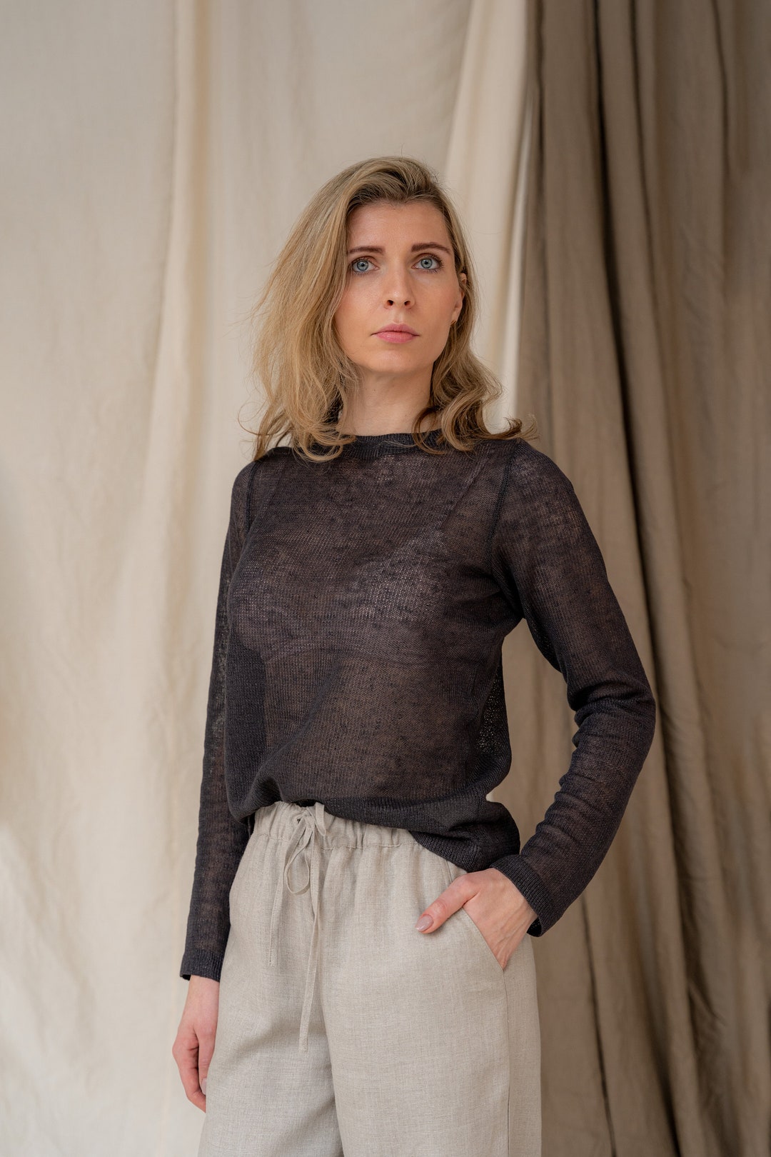 Hand Knitted Linen Sweater: Long Sleeve See Through Blouse, Boho - Main Image