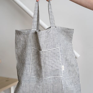 Embroided linen shopping bag, Shopping lover gift, Personalised reusable linen bag, Vegan accessories, Smart shopping tote bag with name blue stripe