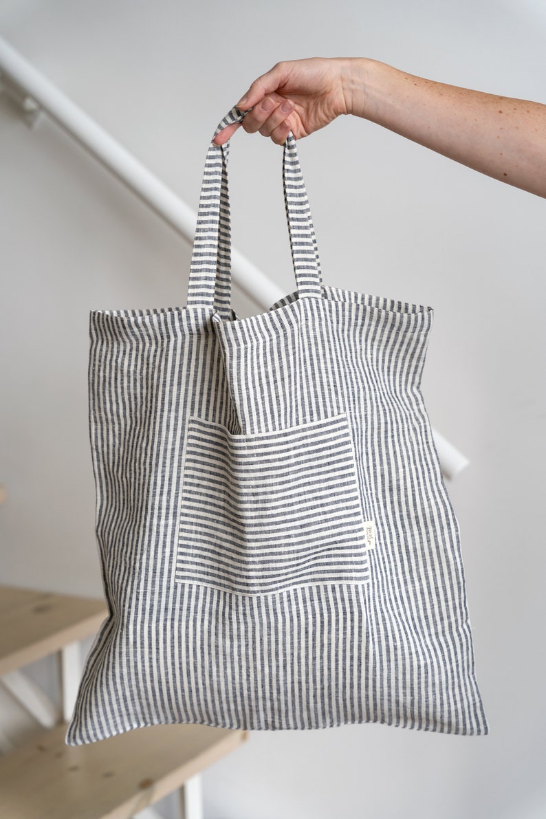 Embroided linen shopping bag, Shopping lover gift, Personalised reusable linen bag, Vegan accessories, Smart shopping tote bag with name blue stripe