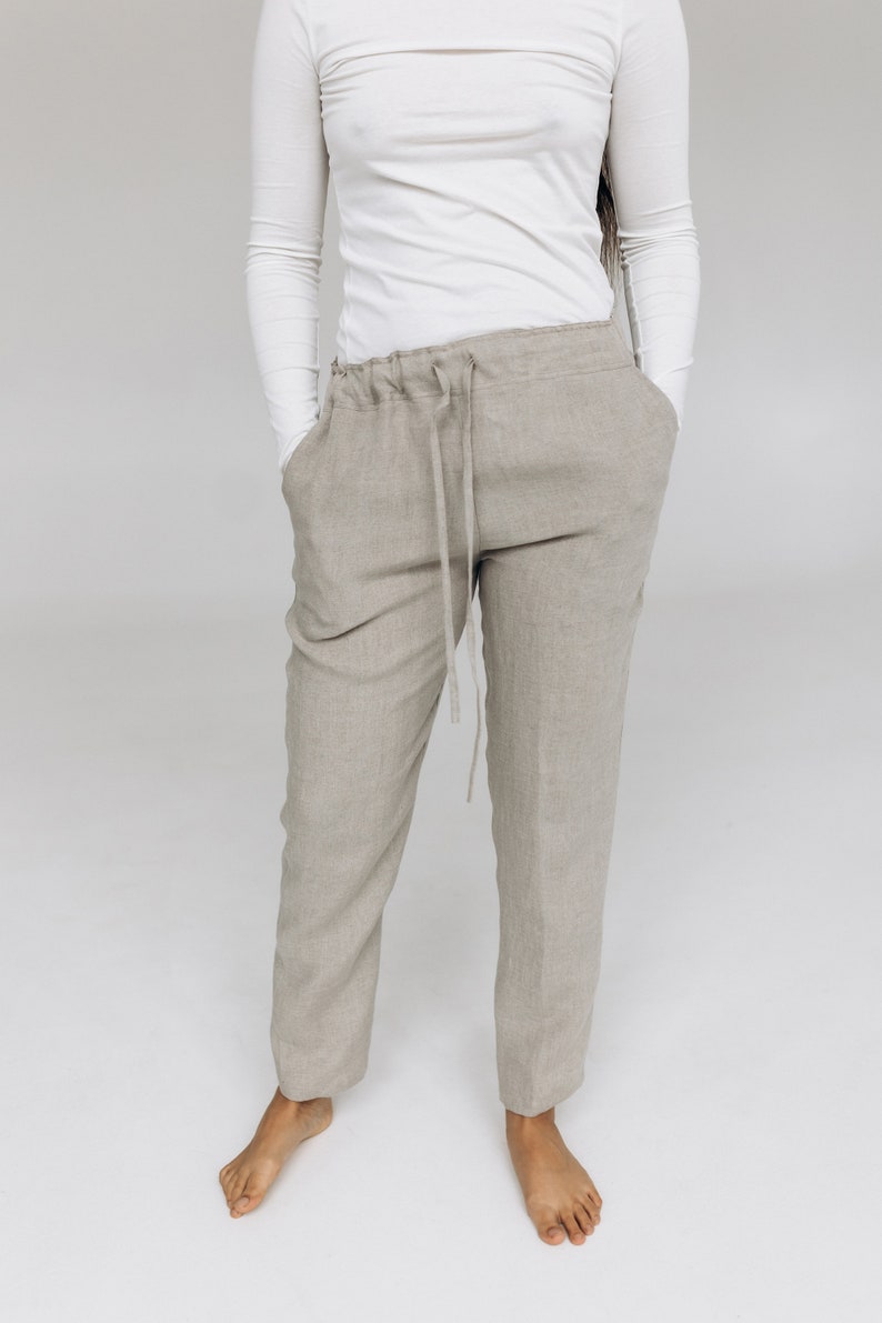 Simple natural linen pants, Women linen trousers, Regular fit style linen pants with pockets, Flax trousers with string, Hygge linen wear image 2