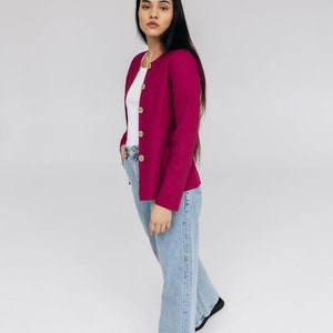 Cosy heavy linen jacket with buttons and pockets is ideal choice for office woman look. Handmade linen blazer is designed in regular fit. Women's linen top is fair made in small family studio. There are two colours pink, natural linen