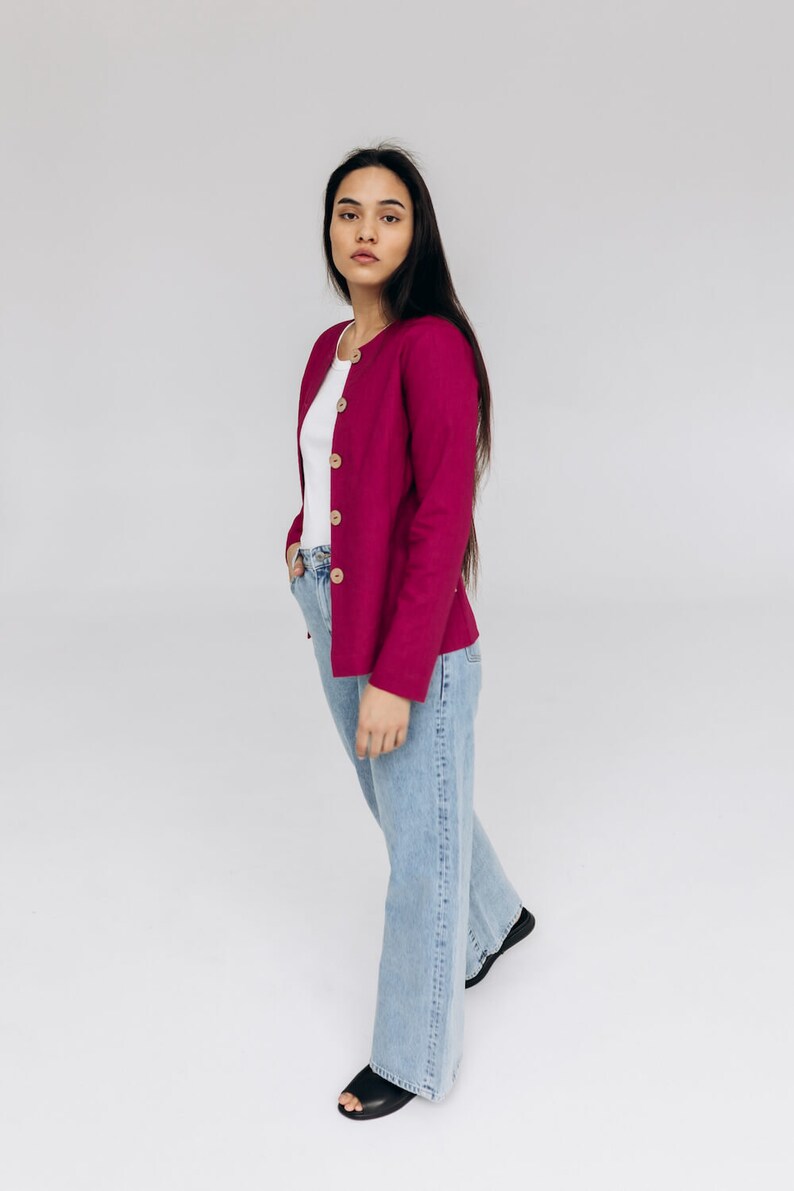 Cosy heavy linen jacket with buttons and pockets is ideal choice for office woman look. Handmade linen blazer is designed in regular fit. Women's linen top is fair made in small family studio. There are two colours pink, natural linen