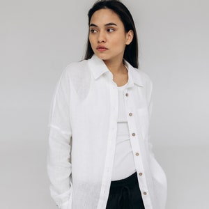 Drop shoulder linen shirt, Women buttoned linen shirt, Simple white linen shirts, Loose fit linen shirt, Oversized long sleeve linen shirt