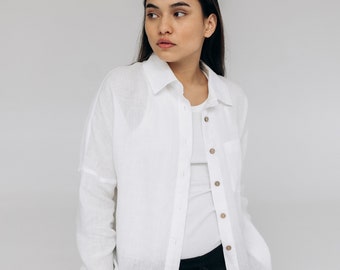 Chemise en lin à épaules tombantes, chemise en lin boutonnée pour femme, chemises en lin blanches simples, chemise en lin ample, chemise en lin surdimensionnée à manches longues