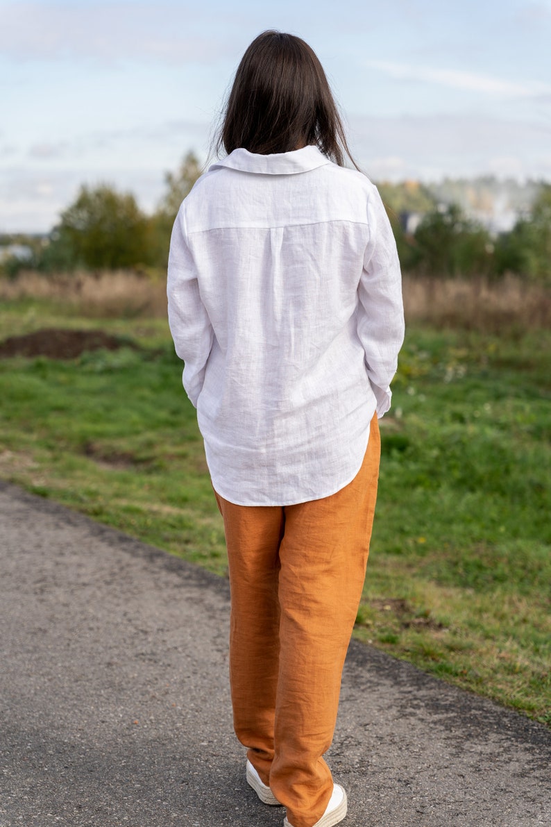 Natural Linen Tshirt, White Oversized Linen Top, Buttoned Linen Shirt, Linen Clothing for Women, Linen Collar Shirt NIKA image 3