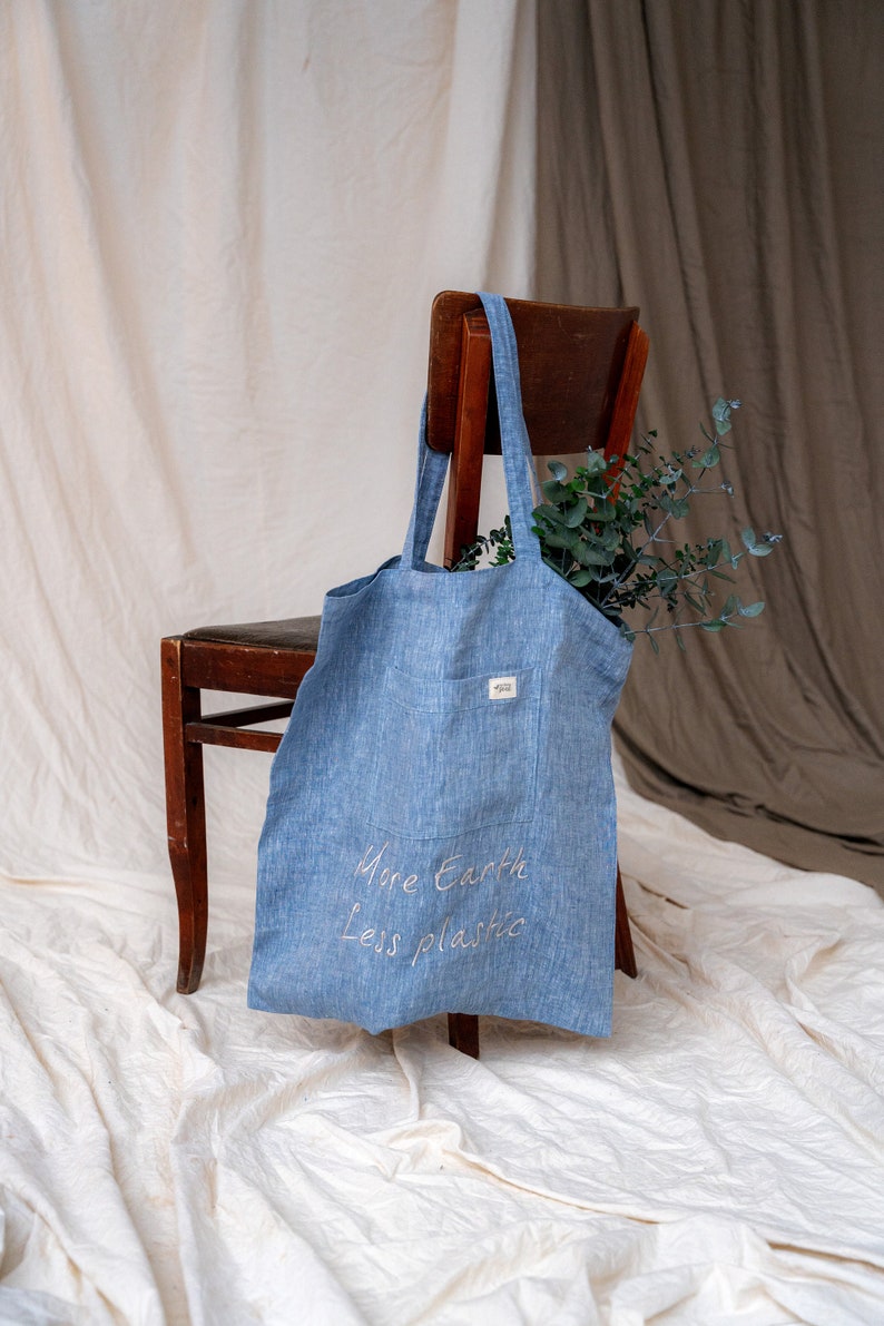 Embroided linen shopping bag, Shopping lover gift, Personalised reusable linen bag, Vegan accessories, Smart shopping tote bag with name image 2