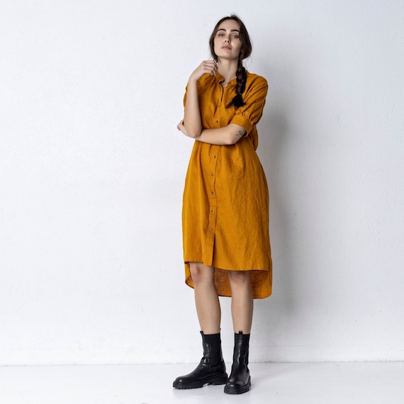Oversized Linen Tunic Dress: Stone Washed Midi with Pockets