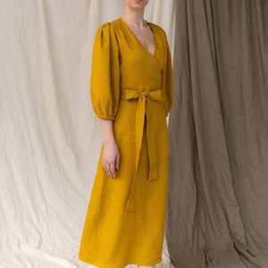 Puff sleeves empire waist dress, Long sleeves linen woman wrap dress, Boho women clothing, Elegant long dress with belt, Linen tea dress mustard