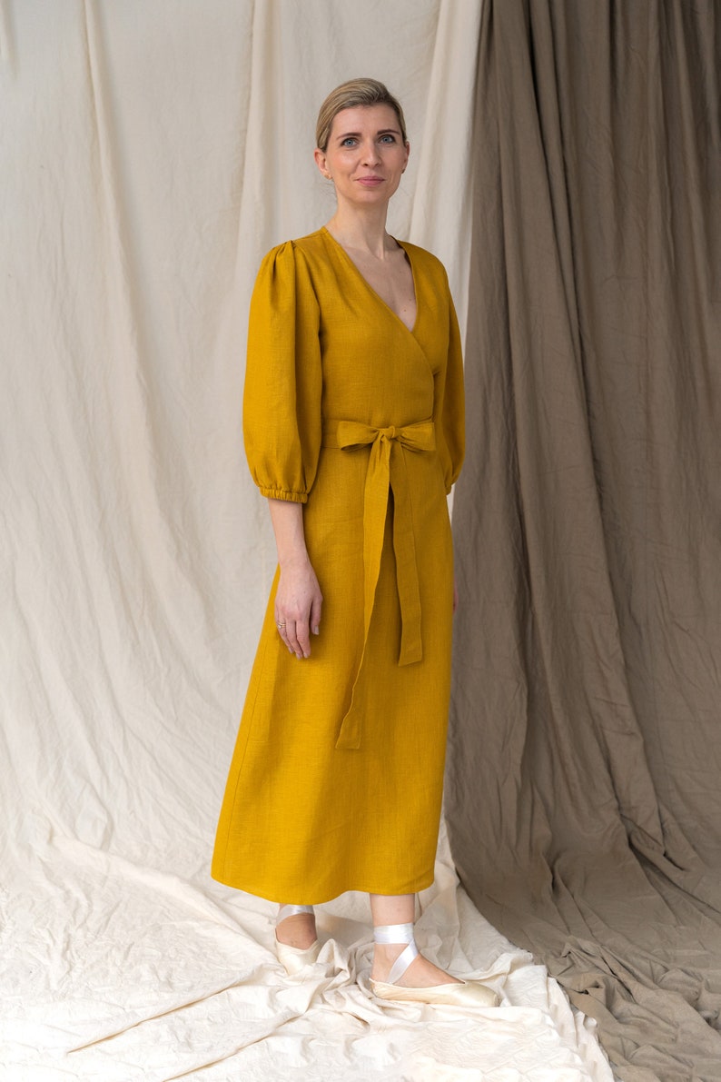 Puff sleeves empire waist dress, Long sleeves linen woman wrap dress, Boho women clothing, Elegant long dress with belt, Linen tea dress mustard