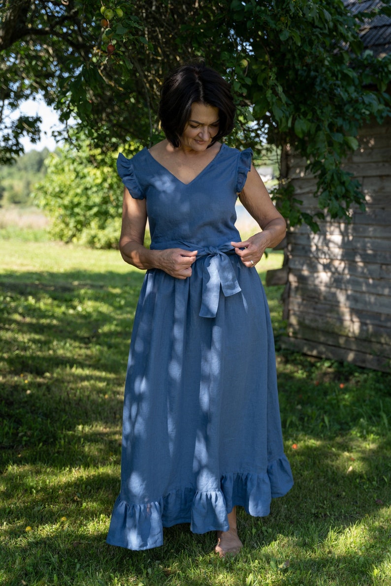 Robe longue ULA en lin manches à volants mariage bohème
