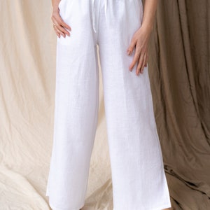 Pantalones de lino de mujer con splits, Pantalones de lino blanco de verano, Pantalones de lino anchos, Pantalones de mujer palazzo de lino en lino, Ropa Boho imagen 2