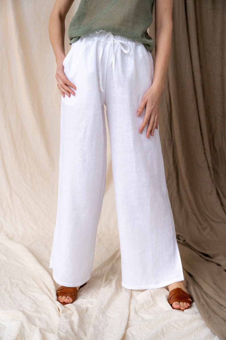 Pantalones de lino de mujer con splits, Pantalones de lino blanco de verano, Pantalones de lino anchos, Pantalones de mujer palazzo de lino en lino, Ropa Boho imagen 2