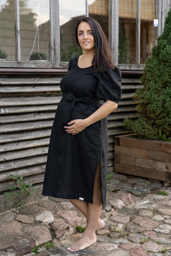 Vestido de embarazo suelto vestido de lino negro bata de