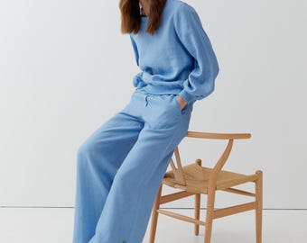 Light Blue Linen Loungewear Set: Women's Longsleeve Top & Wide Leg Pants