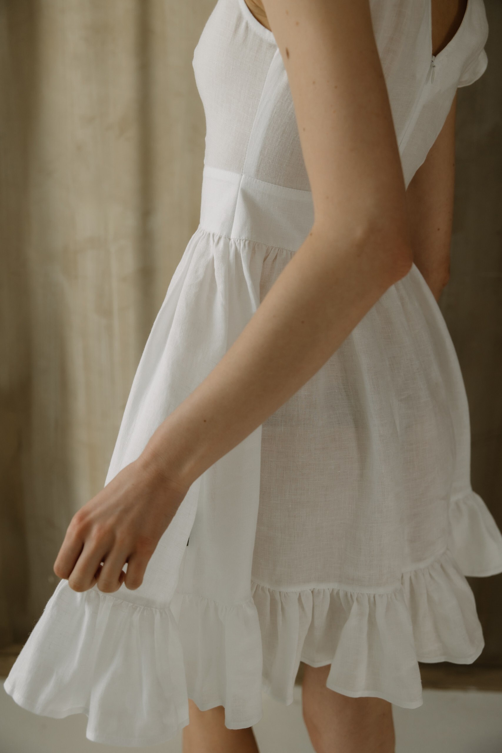 White Linen Ruffle Dress: Sleeveless Boho Summer Dress