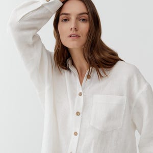 Classic white linen buttoned shirt, Collared button up women long sleeve shirts, Relaxed fit linen top shirt, Smart casual linen wear white