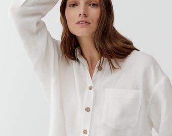 White Linen Button-Up Shirt: Long Sleeve Relaxed Fit