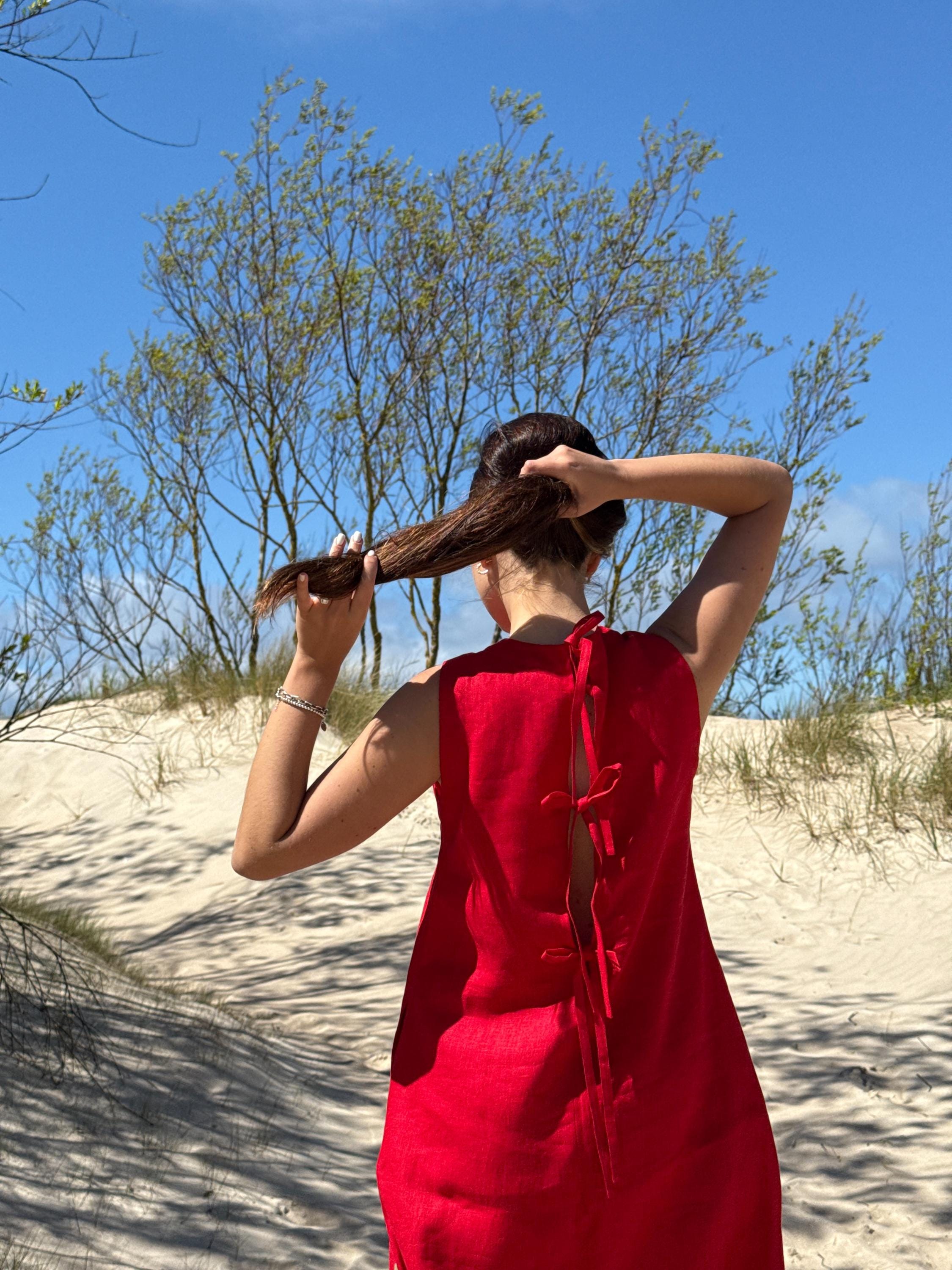Handmade Red Linen Mini Dress: Backless Halter Summer Dress