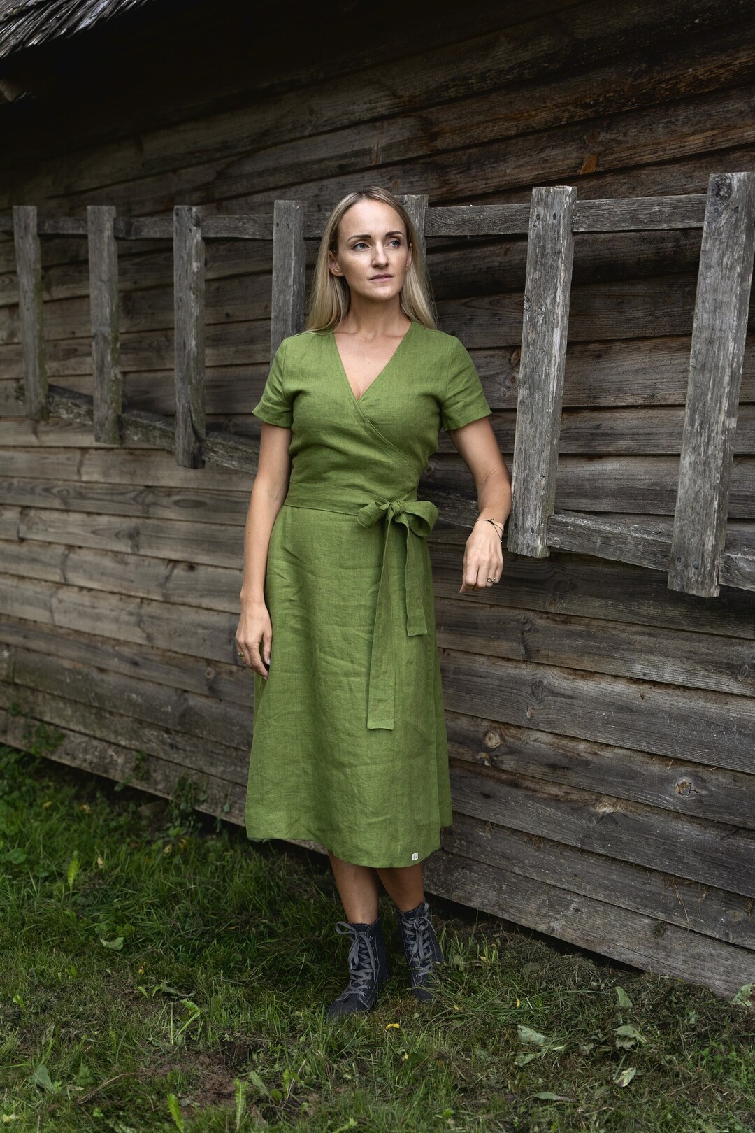 Rustic Wedding Wrap Dress, Green Women's Long Linen Dress, Maternity ...