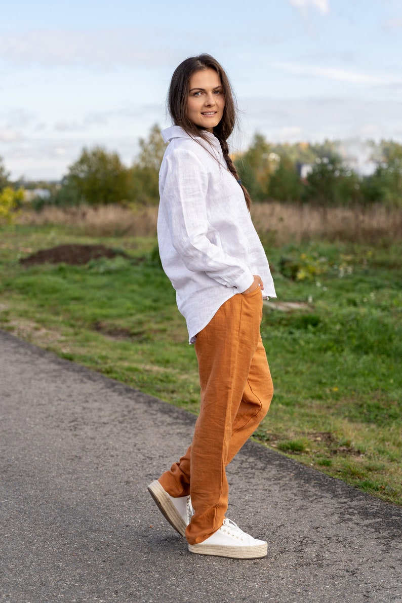 Natural Linen Tshirt, White Oversized Linen Top, Buttoned Linen Shirt, Linen Clothing for Women, Linen Collar Shirt NIKA image 2