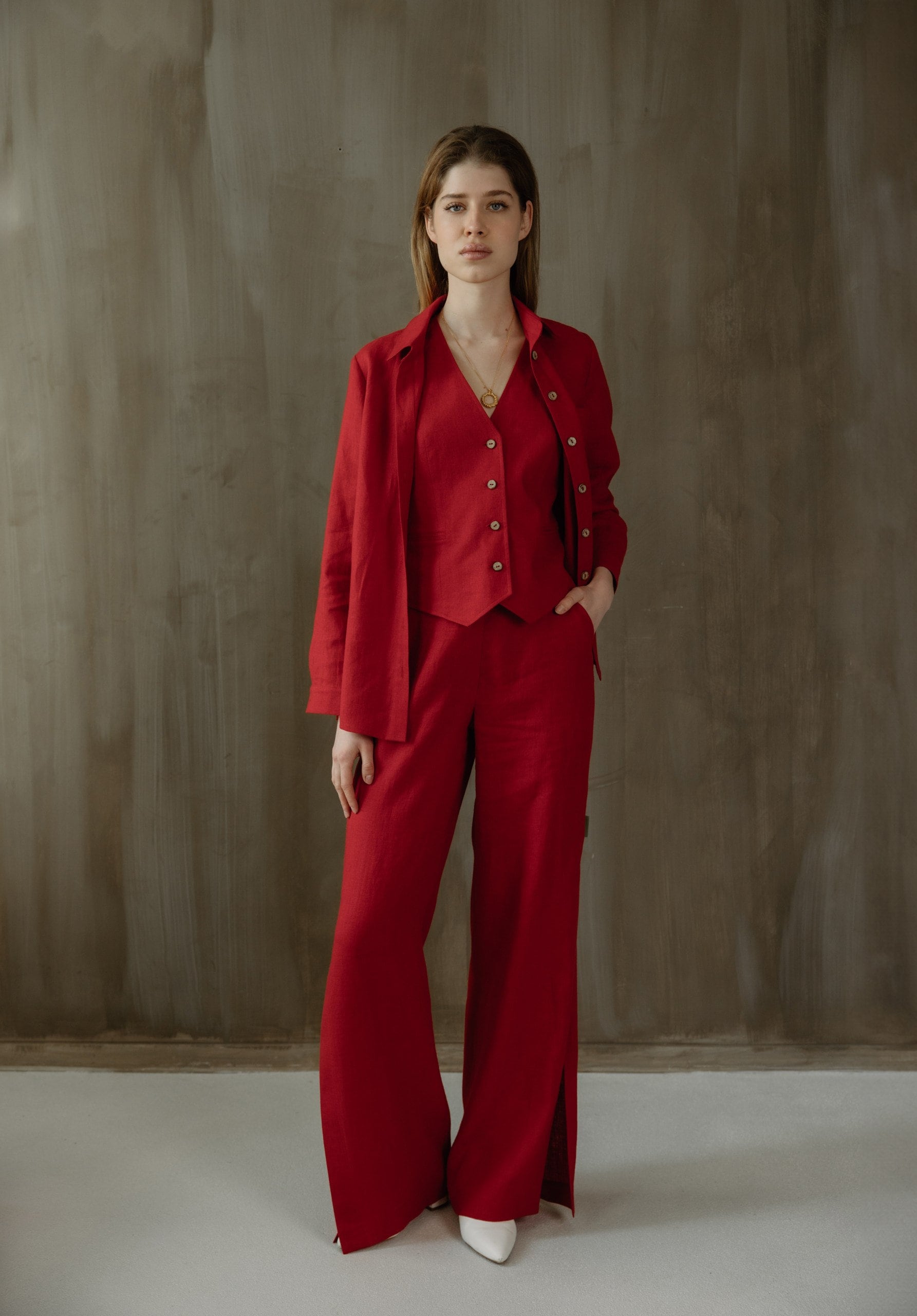 red wide leg dress pants Red Linen Suit Set: Tailored Vest & Wide Leg Palazzo Pants