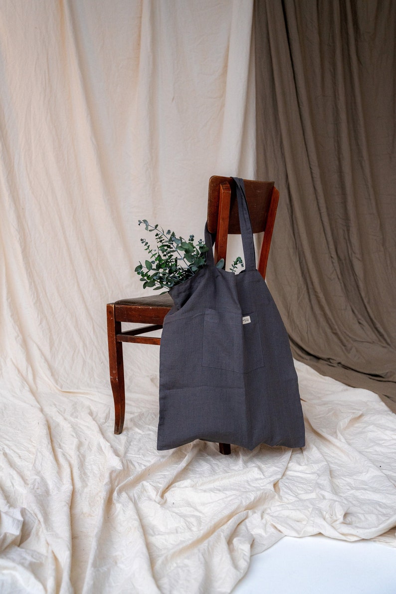Embroided linen shopping bag, Shopping lover gift, Personalised reusable linen bag, Vegan accessories, Smart shopping tote bag with name dark gray