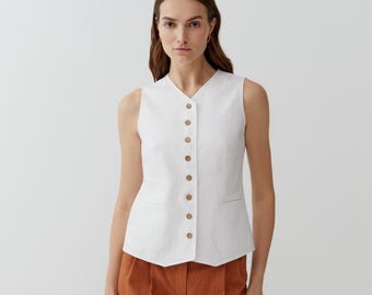White Linen Waistcoat: Buttoned Sleeveless Vest Top