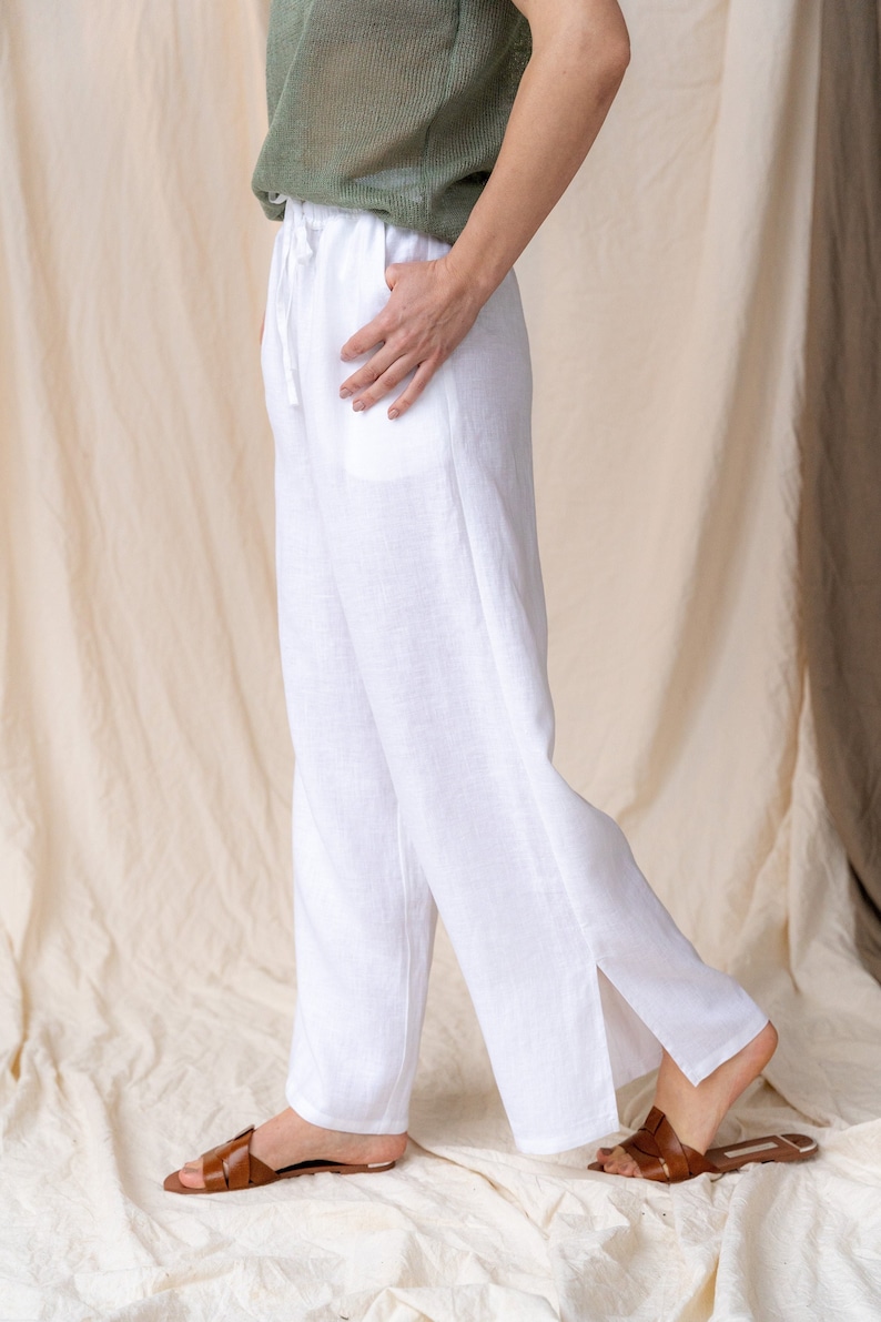 Pantalones de lino de mujer con splits, Pantalones de lino blanco de verano, Pantalones de lino anchos, Pantalones de mujer palazzo de lino en lino, Ropa Boho imagen 1