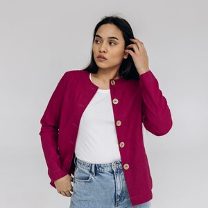 Cosy heavy linen jacket with buttons and pockets is ideal choice for office woman look. Handmade linen blazer is designed in regular fit. Women's linen top is fair made in small family studio. There are two colours pink, natural linen