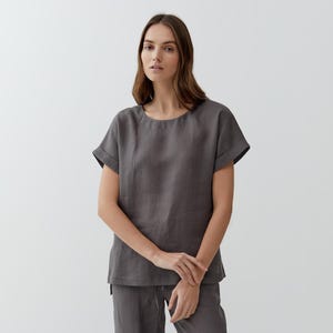 Drak Gray Linen Pullover Top: Short Sleeve Summer Blouse