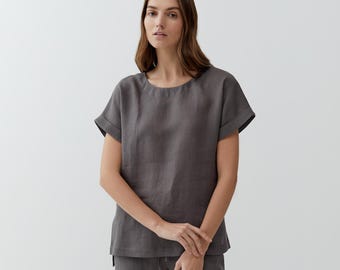Drak Gray Linen Pullover Top: Short Sleeve Summer Blouse