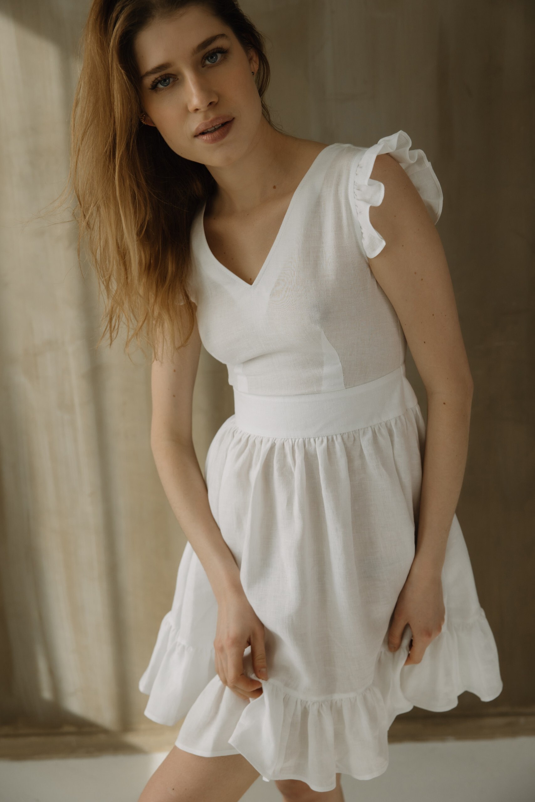 knee length dresses for ladies Women's Flip-Flop Weather Linen Cover Up Dress in White