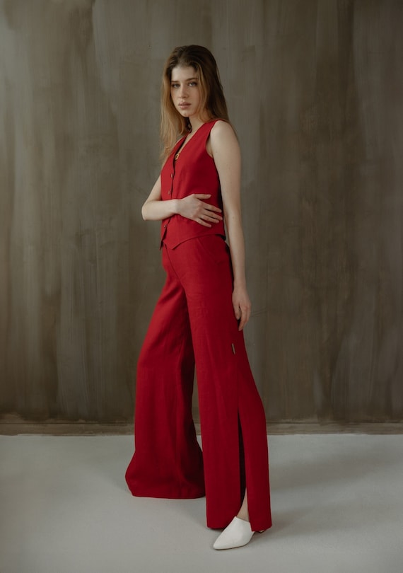 Red Linen Suit Set: Tailored Vest & Wide Leg Palazzo Pants