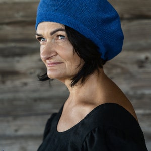 Organic linen yarns blue beret, Women's slouchy hat, Hand knitted flax beret hat, Classic summer beret, Boho style cap PARIS image 3