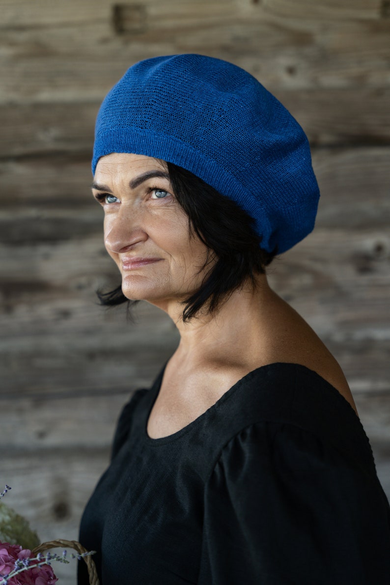 Organic linen yarns blue beret, Women's slouchy hat, Hand knitted flax beret hat, Classic summer beret, Boho style cap PARIS image 3
