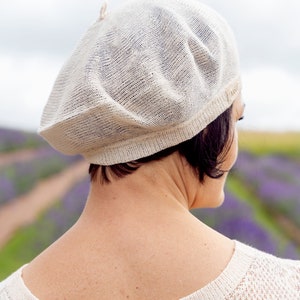 Organic linen yarns blue beret, Women's slouchy hat, Hand knitted flax beret hat, Classic summer beret, Boho style cap PARIS image 6