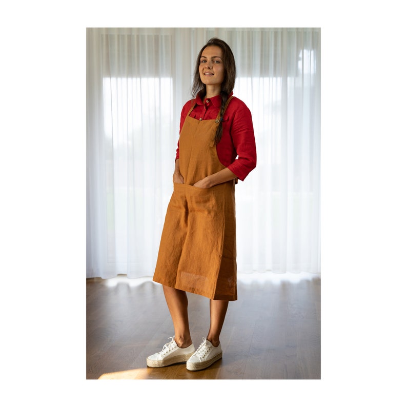 Natural Linen Soft Apron, Unisex Basic Apron, Full Apron for Women, Japanese style Linen Apron, No Ties Linen Apron with Pockets image 2