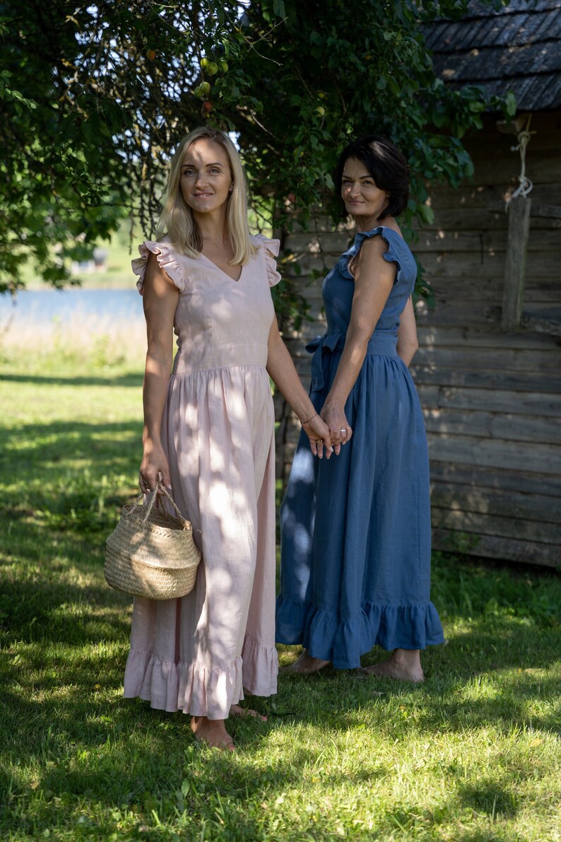 Robe longue ULA en lin manches à volants mariage bohème