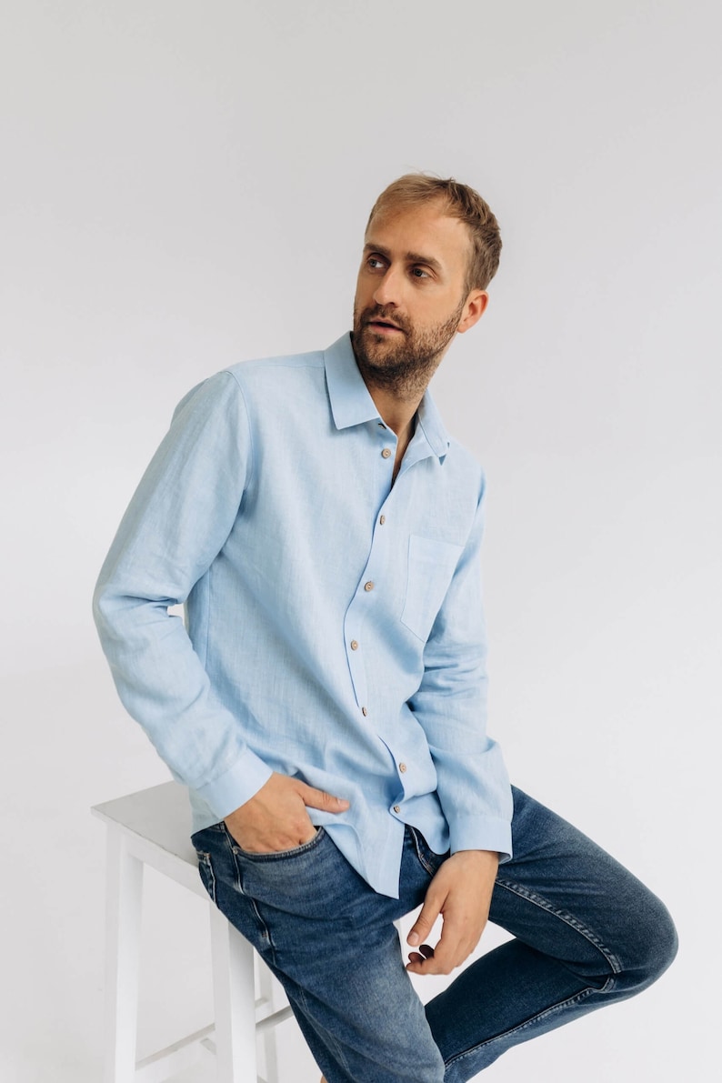 Classic linen men's shirt, Buttoned linen shirts, Men linen wear, Blue linen basic shirt, Smart casual men linen wear, Simple linen shirt image 1