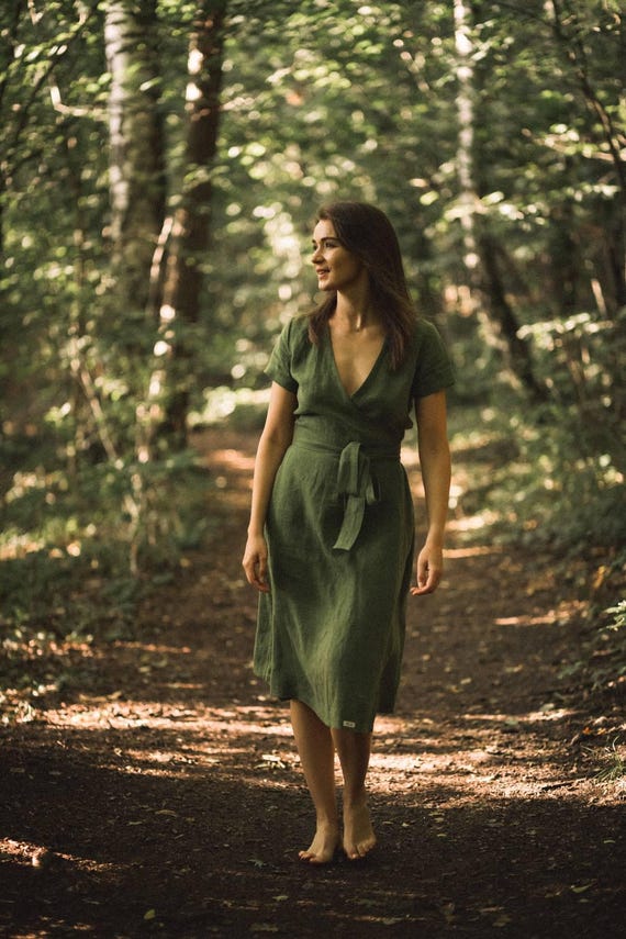 Handmade Linen Wrap Dress: Earthy Green Rustic Wedding Gown