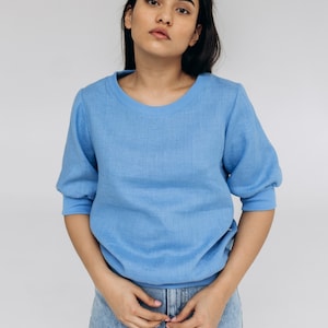 Blue linen sweater, 100% linen clothing, Soft linen women blouse, Relaxed fit linen, Oversized linen wear, Lightweight long sleeve linen top