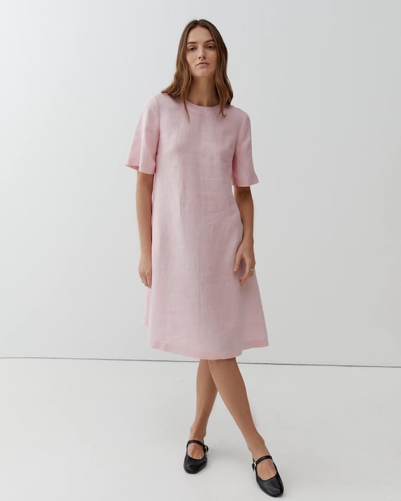 Pink Linen A-Line Dress: Romantic Short Sleeve Summer Dress