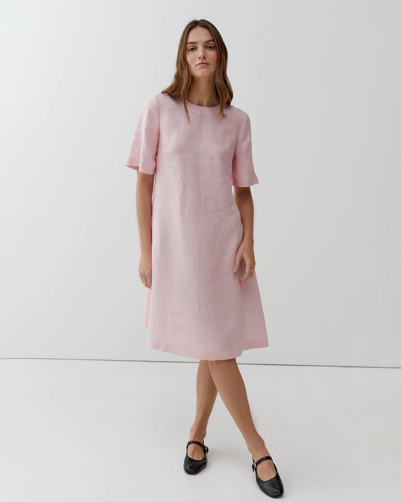Pink Linen A-Line Dress: Romantic Short Sleeve Summer Dress