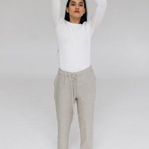 Simple natural linen pants, Women linen trousers, Regular fit style linen pants with pockets, Flax trousers with string, Hygge linen wear image 3