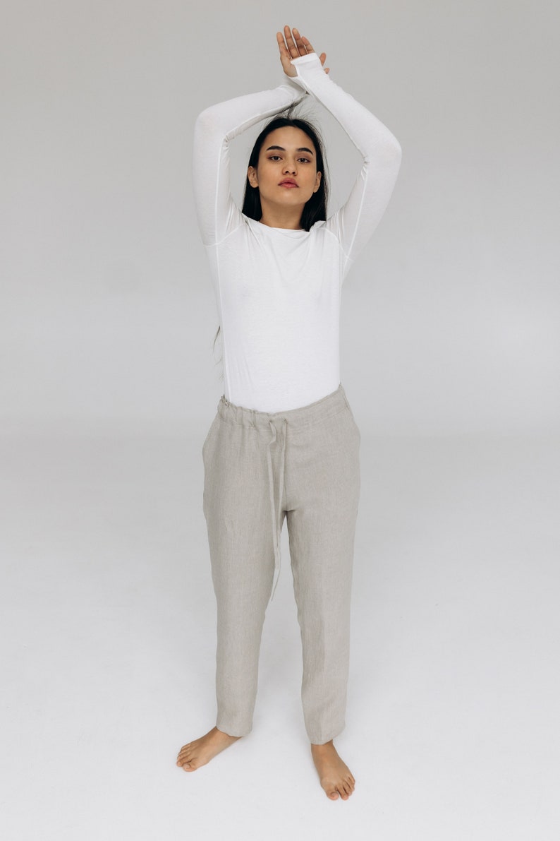 Simple natural linen pants, Women linen trousers, Regular fit style linen pants with pockets, Flax trousers with string, Hygge linen wear image 3