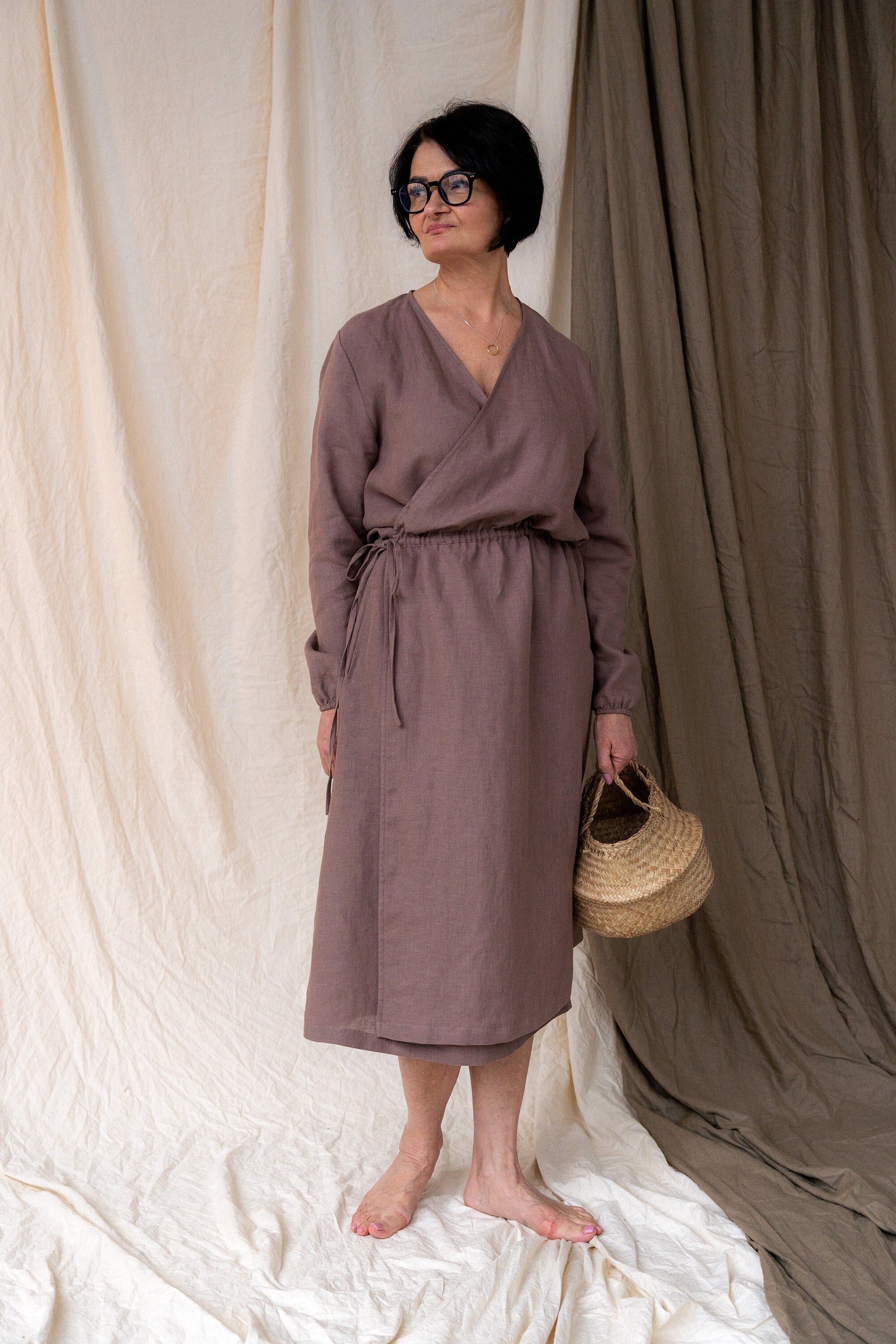 Long Sleeve Linen Wrap Dress V-Neck, Plus Size, With Pockets
